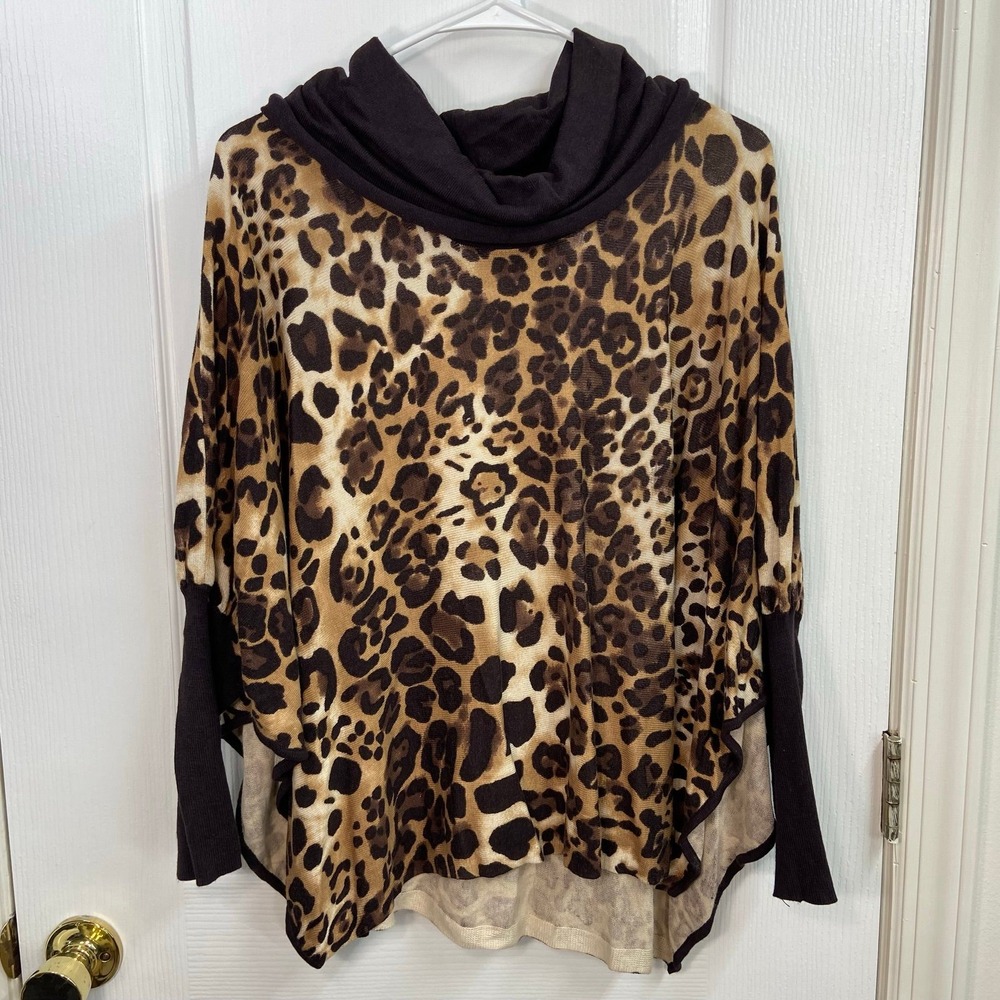 Fever cheetah leopard animal print brown stretch cowl neck knit sweater cotton M